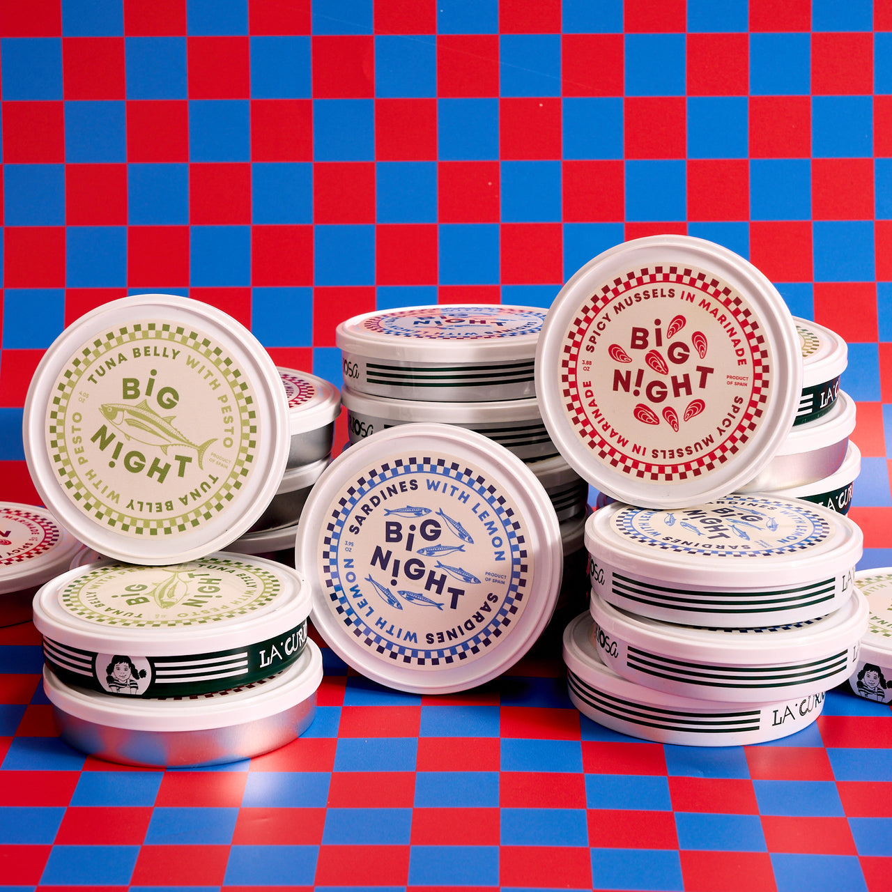 tuna belly with pesto, sardines with lemon, spicy mussels in marinade