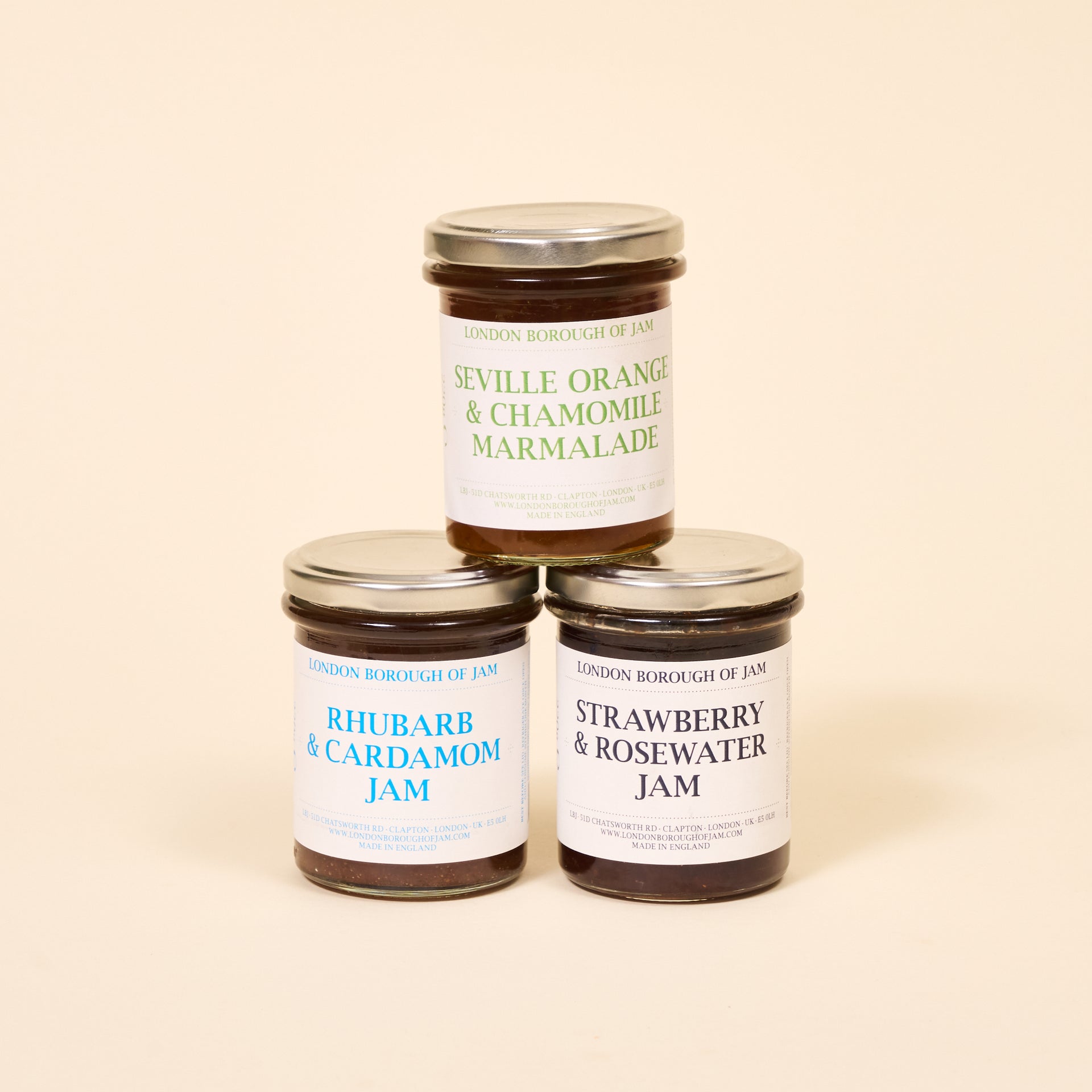 Seville Orange and Chamomile Marmalade, Rhubarb and Cardamom Jam, Strawberry and Rosewater Jam